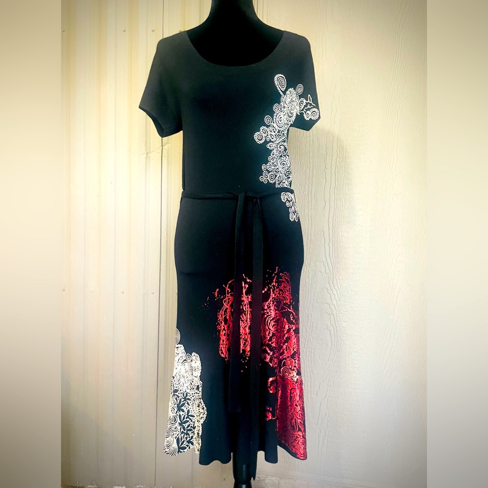 Desigual Campari Black Sweater Dress Bodycon Midi Belted Asymmetrical Knit S M